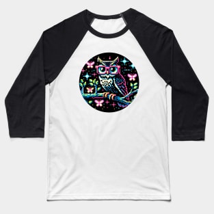 Cyberpunk Owl Art - Neon Nightscape Pixel Illustration Baseball T-Shirt